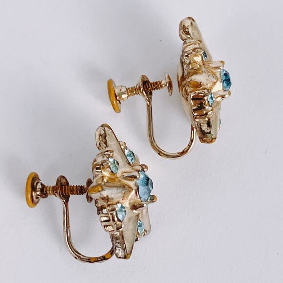 Vintage Aqua Blue Rhinestone Mid Century Atomic Starburst Screw Back Earrings - Picture 7 of 12